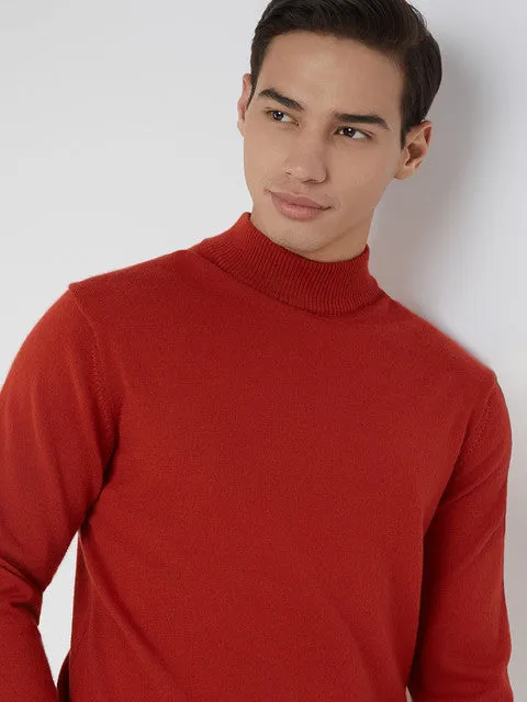 Raymond Men Orange Solid Contemporary Fit Wool Blend Sweater