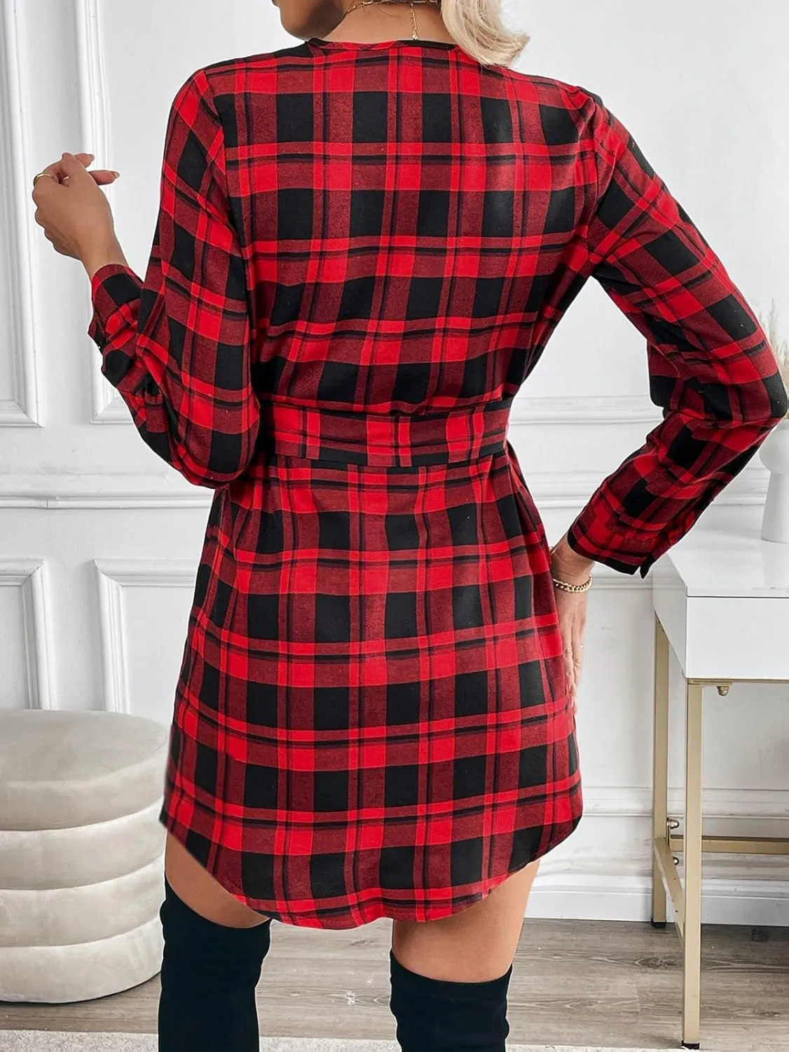 Red Plaid Dress for Women Long Sleeve Button V Neck Shirt Dress Sexy Y2K Belted Mini Dresses 2025 Trendy Outfits