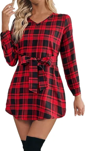 Red Plaid Dress for Women Long Sleeve Button V Neck Shirt Dress Sexy Y2K Belted Mini Dresses 2025 Trendy Outfits