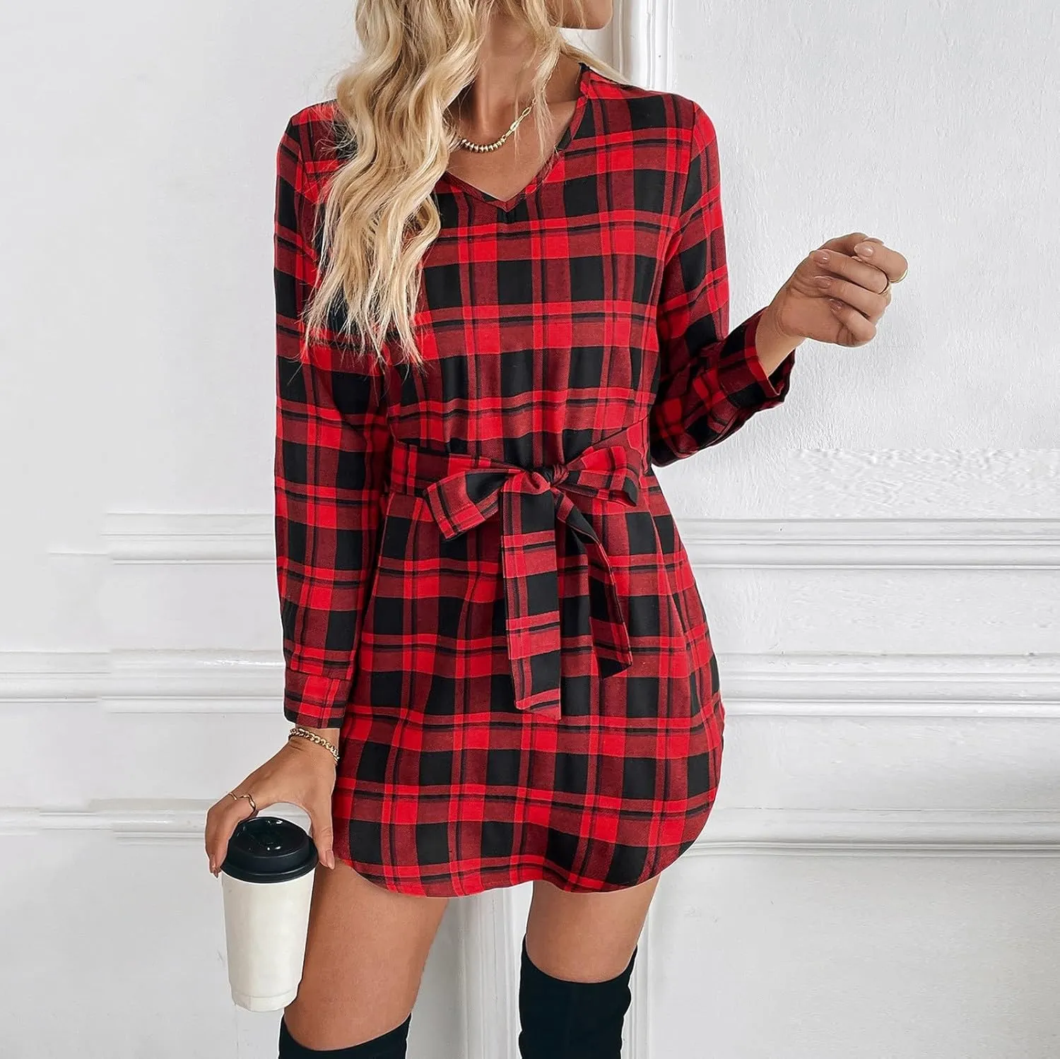Red Plaid Dress for Women Long Sleeve Button V Neck Shirt Dress Sexy Y2K Belted Mini Dresses 2025 Trendy Outfits