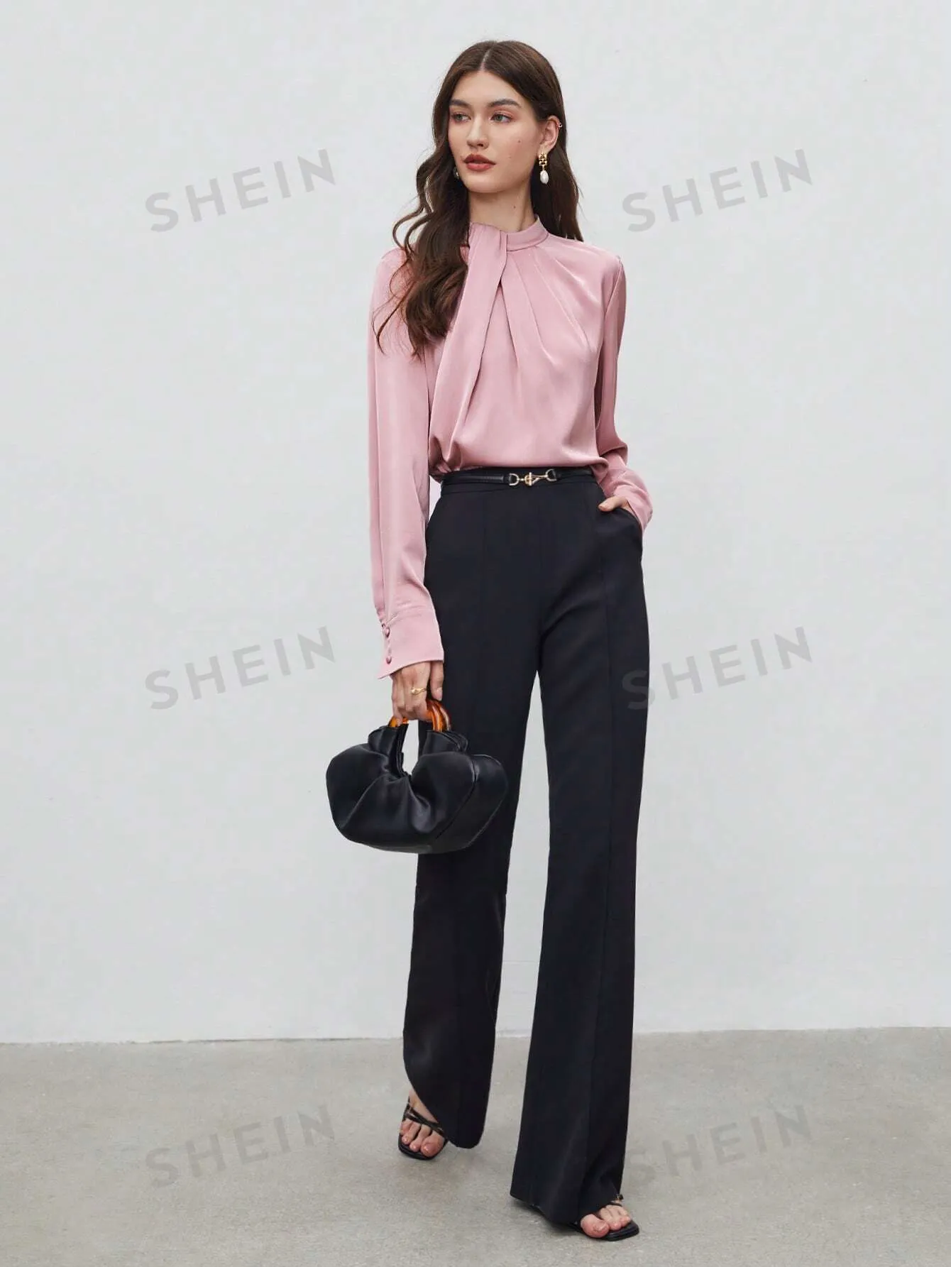 SHEIN BIZwear Keyhole Back Fold Pleated Front Solid Top