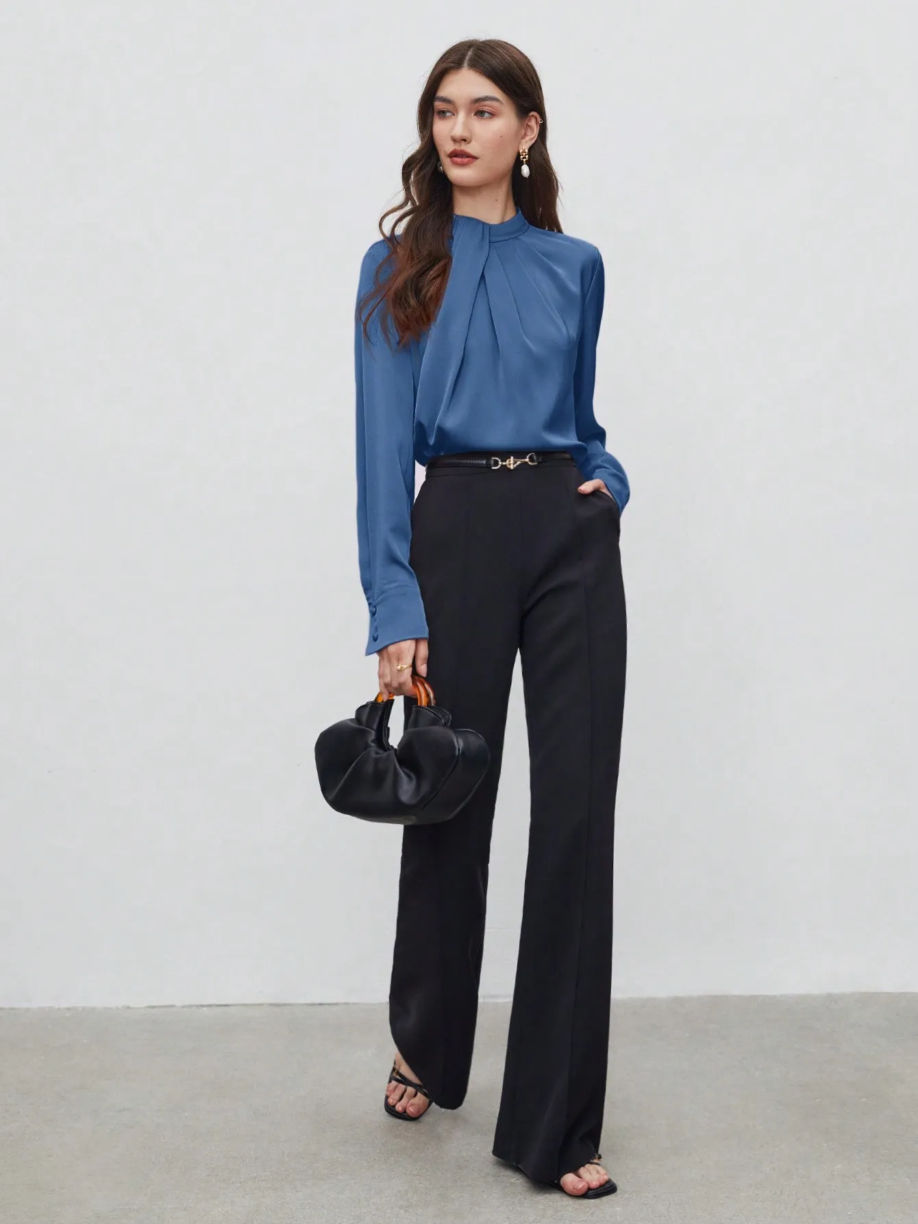 SHEIN BIZwear Keyhole Back Fold Pleated Front Solid Top