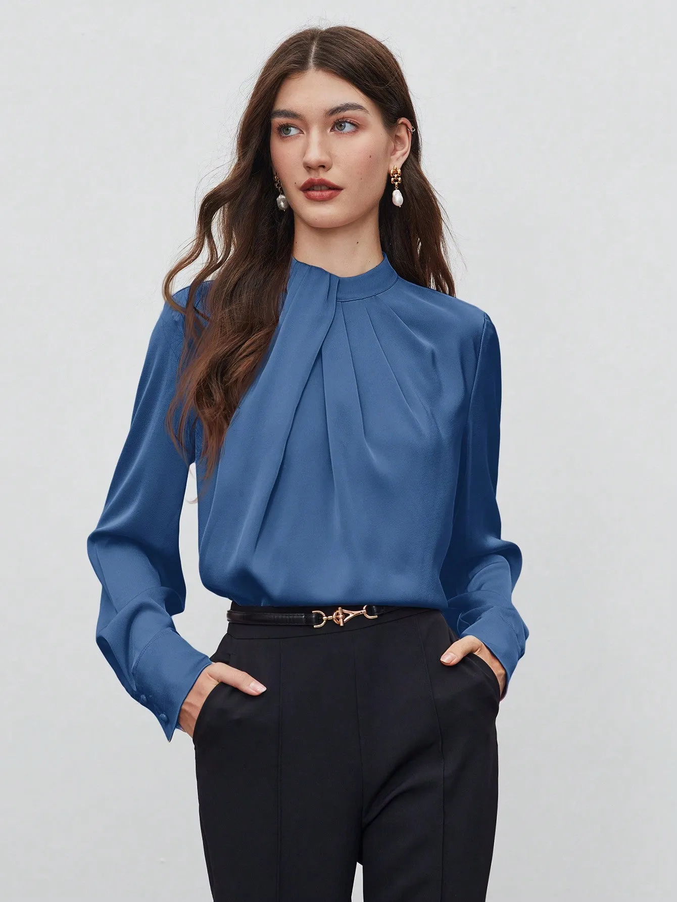 SHEIN BIZwear Keyhole Back Fold Pleated Front Solid Top