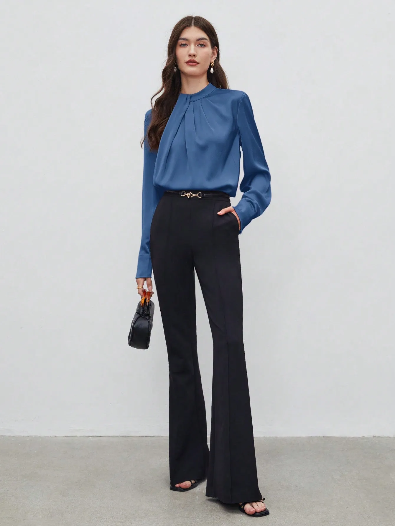 SHEIN BIZwear Keyhole Back Fold Pleated Front Solid Top