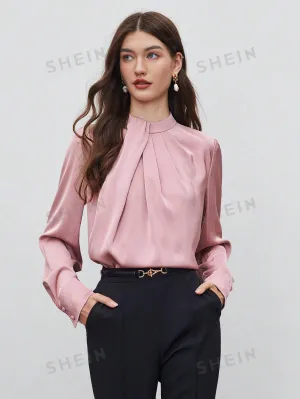 SHEIN BIZwear Keyhole Back Fold Pleated Front Solid Top