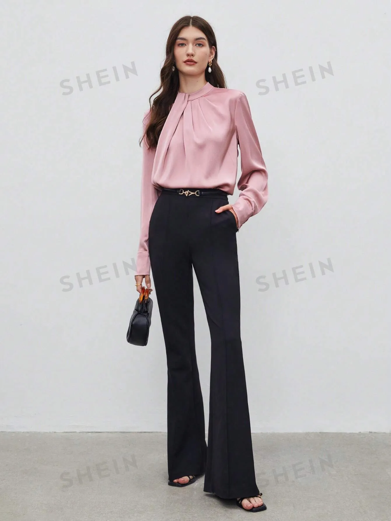 SHEIN BIZwear Keyhole Back Fold Pleated Front Solid Top