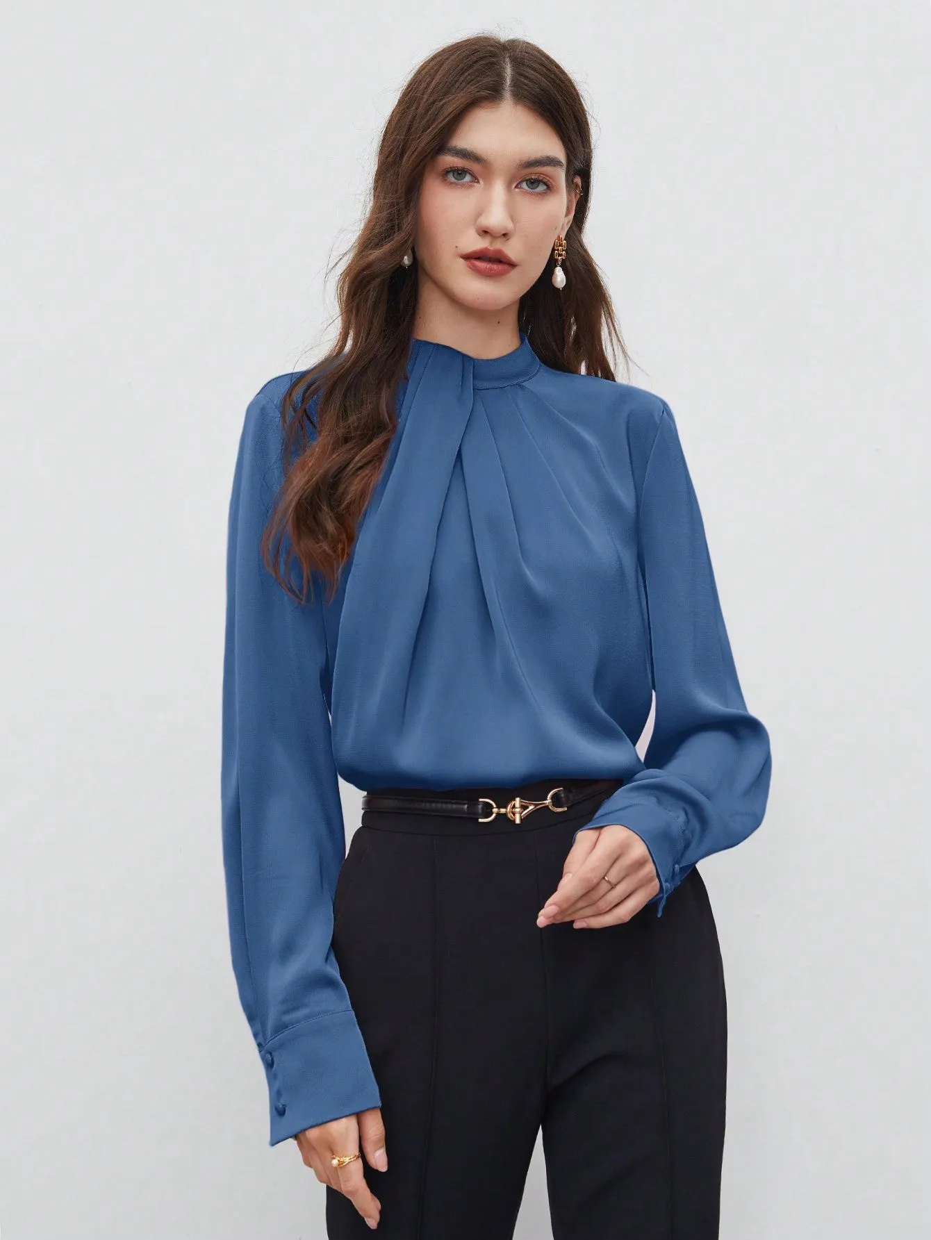 SHEIN BIZwear Keyhole Back Fold Pleated Front Solid Top
