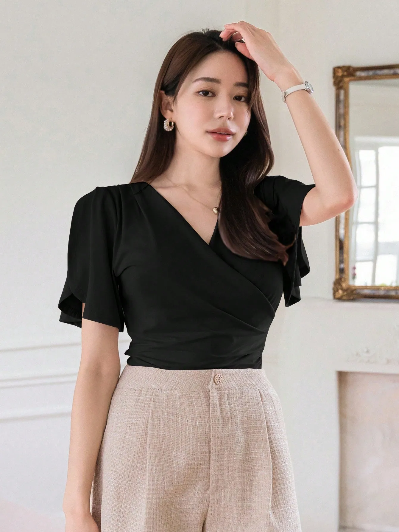 Shein DAZY Women's Summer Solid Color Wrap V-Neck Ruffle Short Sleeve T-Shirt