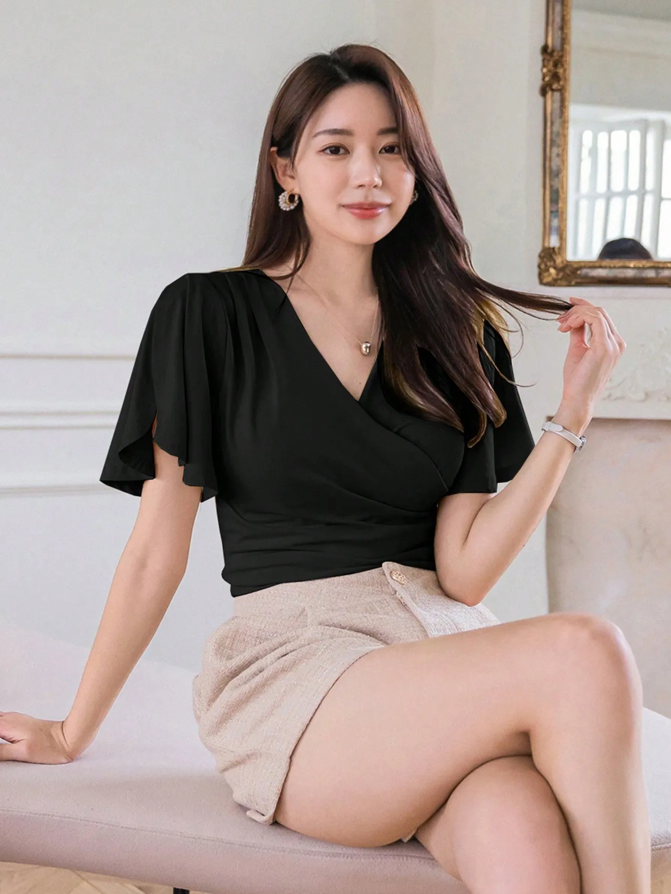 Shein DAZY Women's Summer Solid Color Wrap V-Neck Ruffle Short Sleeve T-Shirt