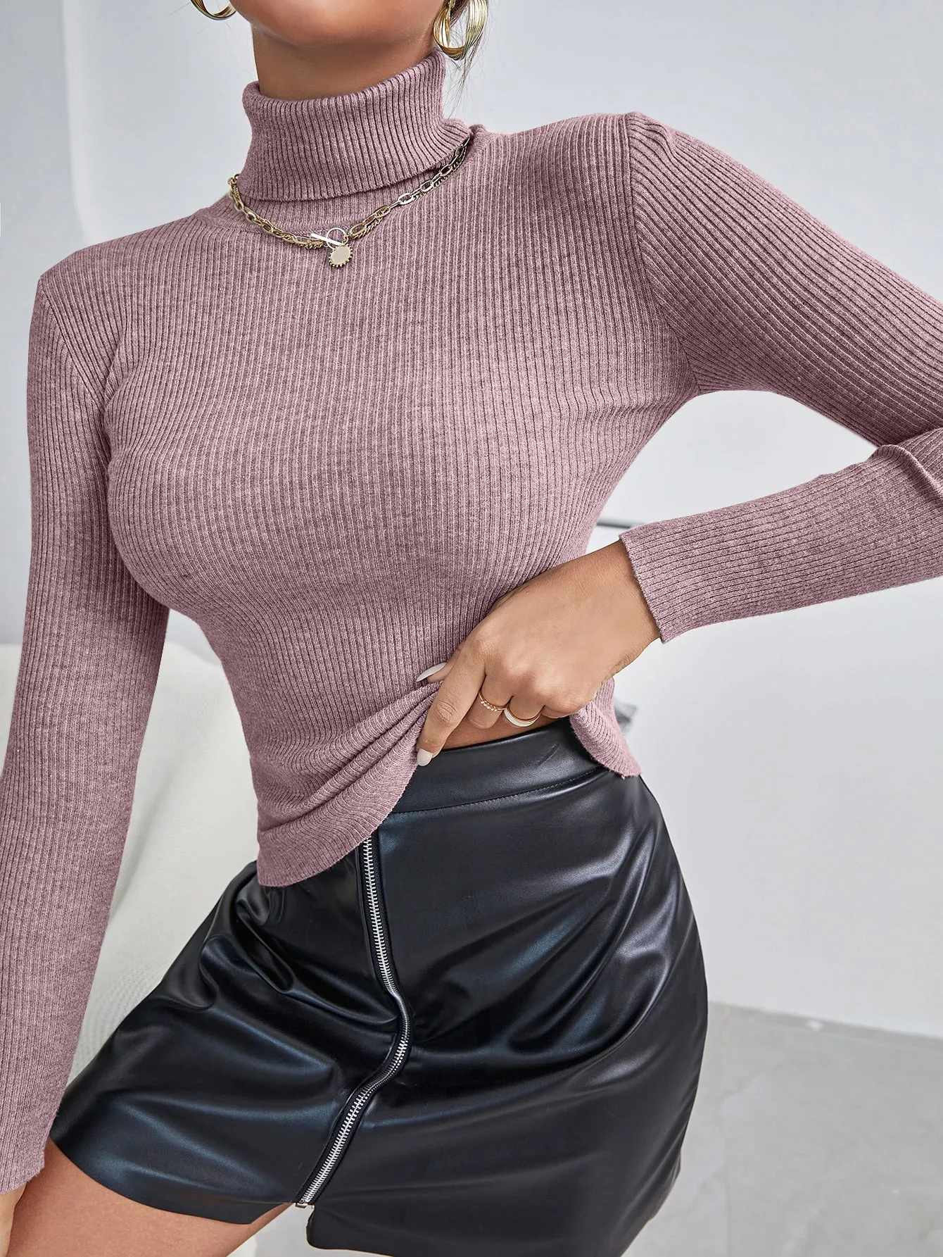 SHEIN Essnce Solid High Neck Rib Knit Sweater