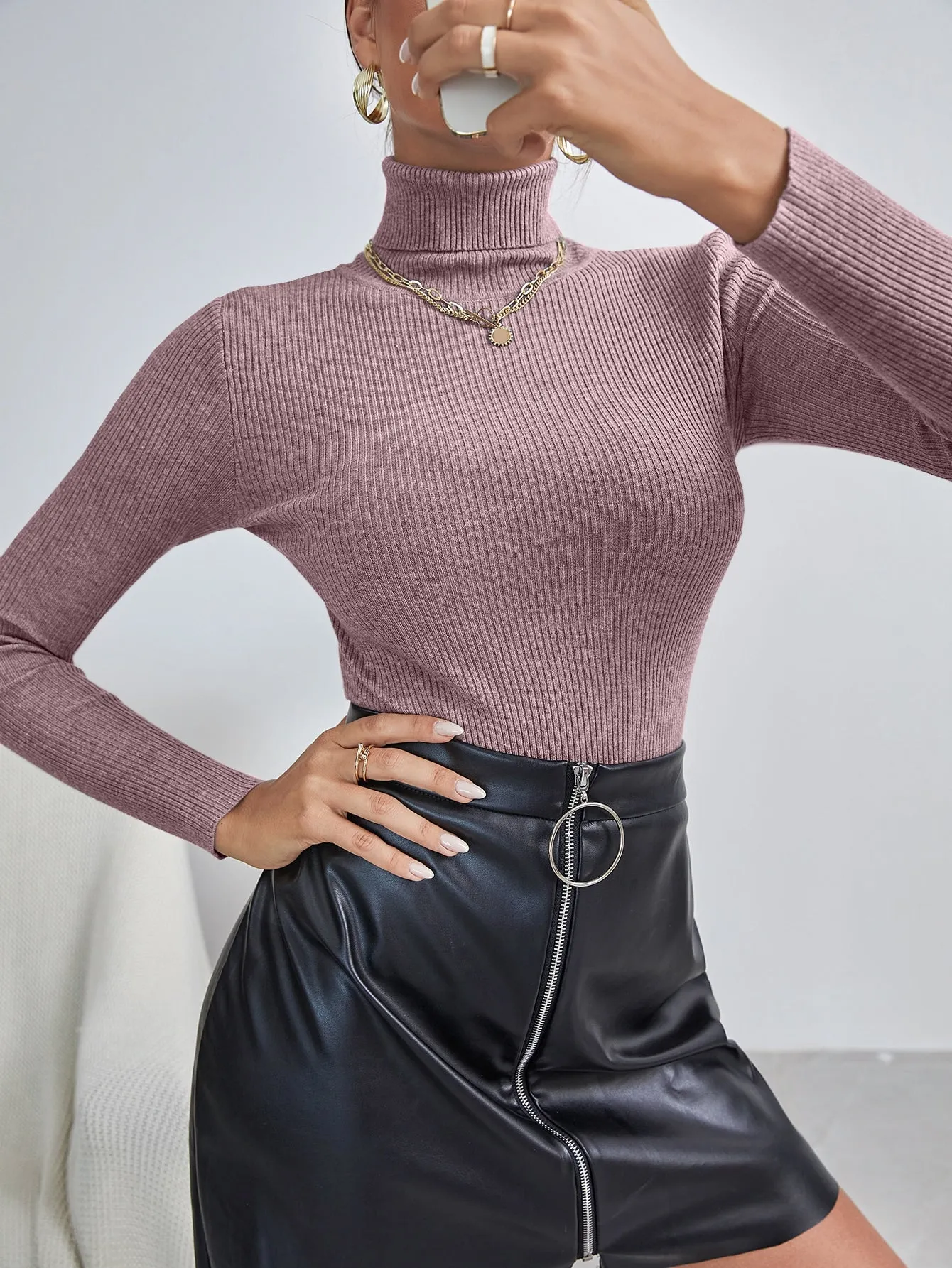 SHEIN Essnce Solid High Neck Rib Knit Sweater