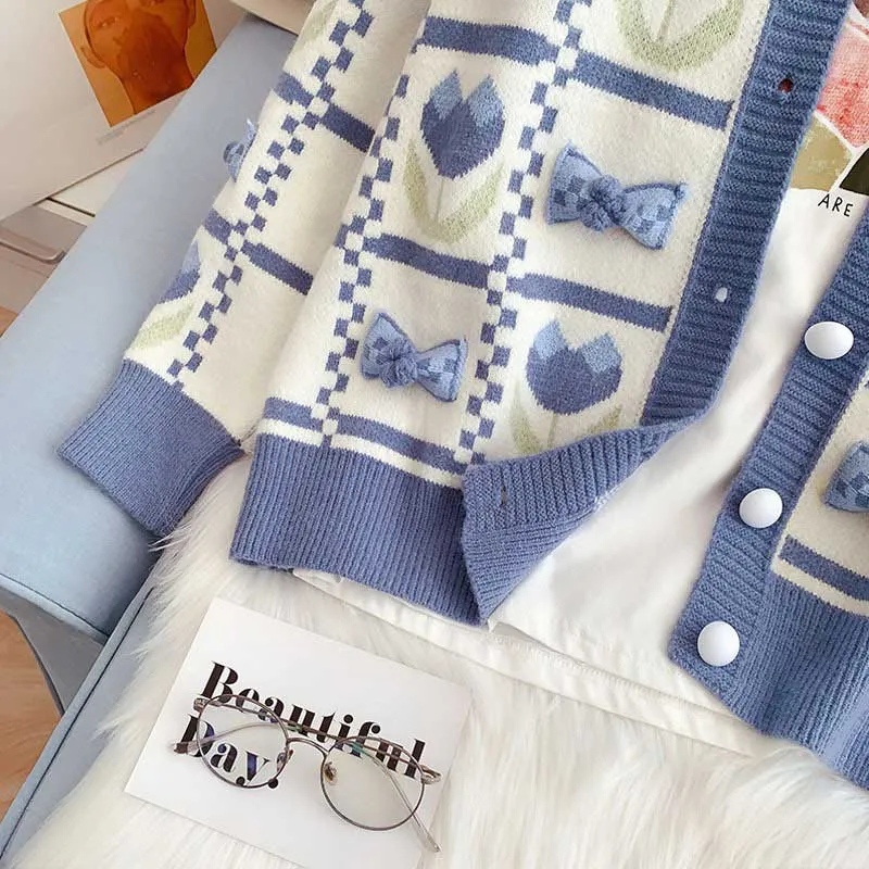 Soft Gentle Bowknot College Style Knitted Women's Cardigan