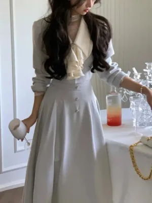srczz  -  Women Spring Elegant Casual Skirts Suit Vintage Chic Jackets Coat A-Line Saya 2 Pieces Set Female Party Birthday Clothes Outfits