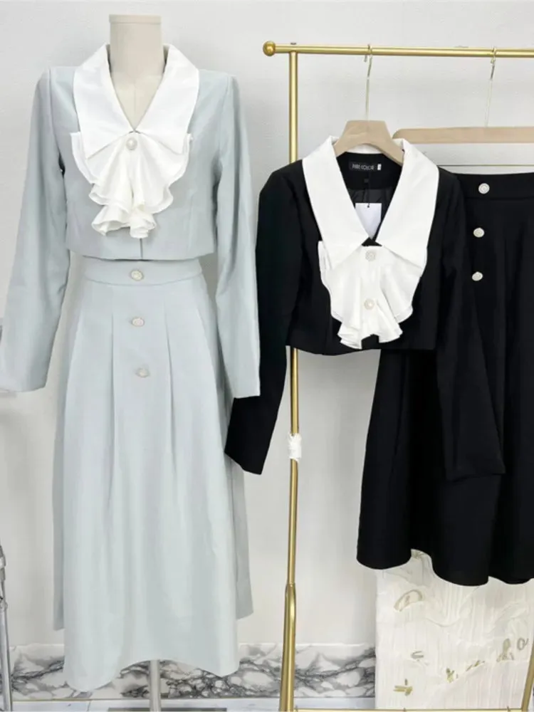 srczz  -  Women Spring Elegant Casual Skirts Suit Vintage Chic Jackets Coat A-Line Saya 2 Pieces Set Female Party Birthday Clothes Outfits