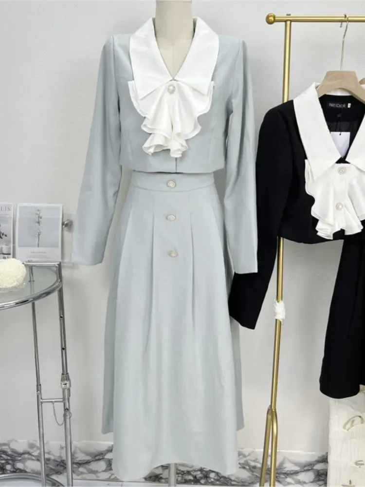 srczz  -  Women Spring Elegant Casual Skirts Suit Vintage Chic Jackets Coat A-Line Saya 2 Pieces Set Female Party Birthday Clothes Outfits
