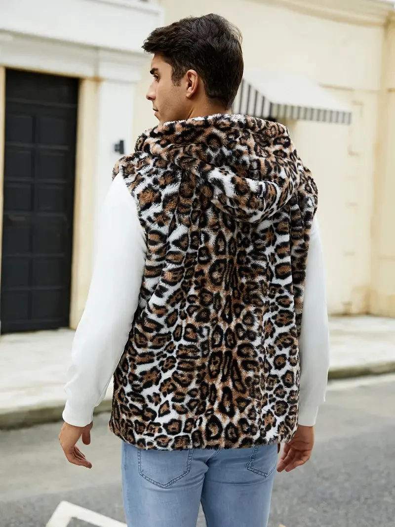 Streetstyle herenhoodie met capuchon van acryl met luipaardprint en zakken