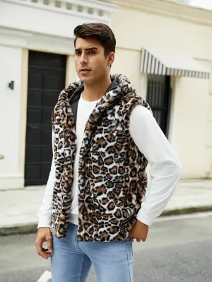 Streetstyle herenhoodie met capuchon van acryl met luipaardprint en zakken