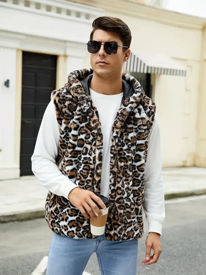 Streetstyle herenhoodie met capuchon van acryl met luipaardprint en zakken