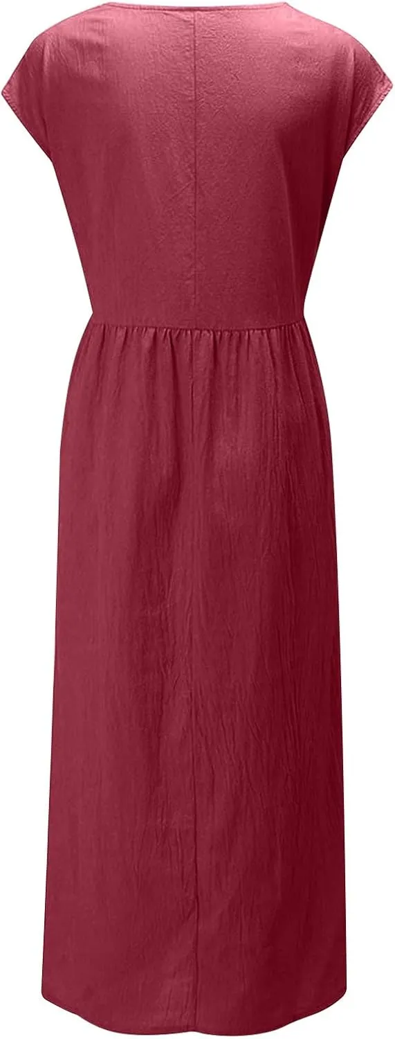 Summer Dresses for Women 2025 Plus Size Cotton Linen Beach Dress Casual A-Line Sleeveless Midi Sundress with Pockets