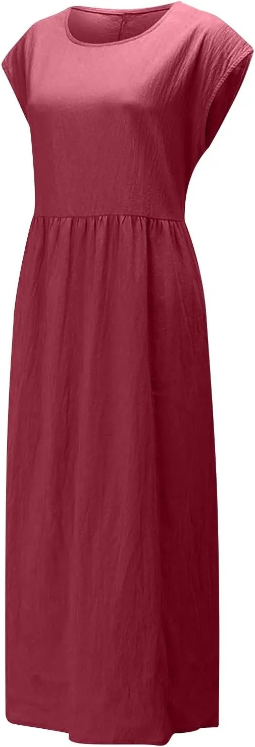 Summer Dresses for Women 2025 Plus Size Cotton Linen Beach Dress Casual A-Line Sleeveless Midi Sundress with Pockets