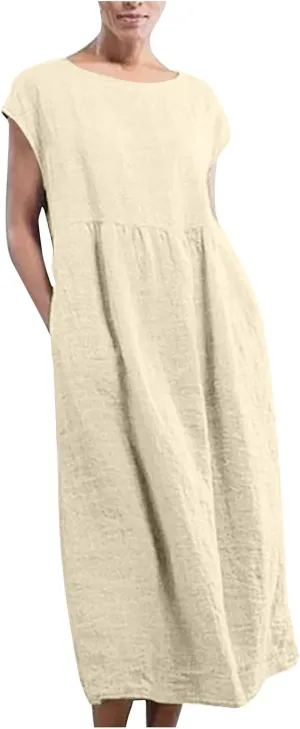 Summer Dresses for Women 2025 Plus Size Cotton Linen Beach Dress Casual A-Line Sleeveless Midi Sundress with Pockets