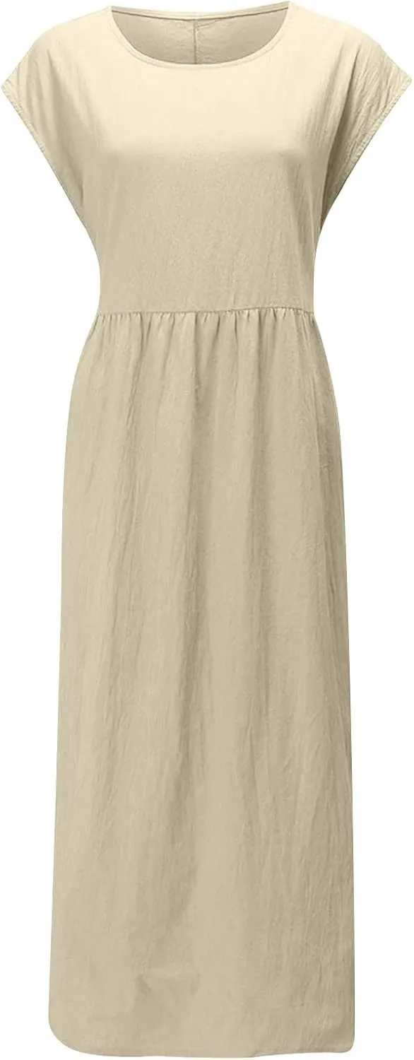 Summer Dresses for Women 2025 Plus Size Cotton Linen Beach Dress Casual A-Line Sleeveless Midi Sundress with Pockets