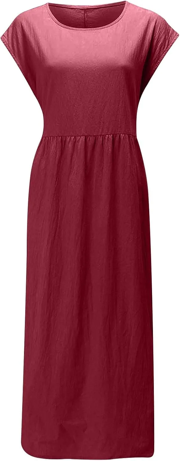 Summer Dresses for Women 2025 Plus Size Cotton Linen Beach Dress Casual A-Line Sleeveless Midi Sundress with Pockets