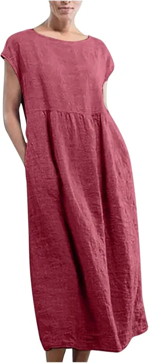 Summer Dresses for Women 2025 Plus Size Cotton Linen Beach Dress Casual A-Line Sleeveless Midi Sundress with Pockets