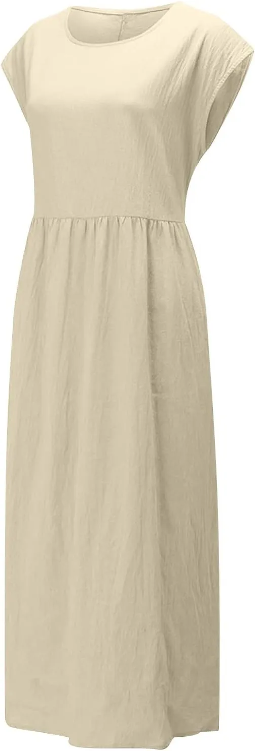 Summer Dresses for Women 2025 Plus Size Cotton Linen Beach Dress Casual A-Line Sleeveless Midi Sundress with Pockets