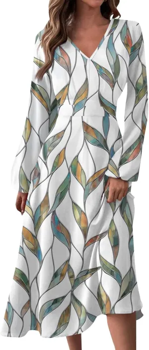 Summer Fall Long Sleeve Midi Dresses for Women Casual Ruched Flowy Trendy Smocked Elegant Formal Floral A Line Dress