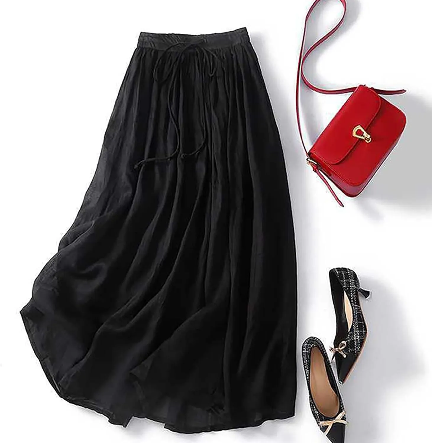 Summer Skirts for Women 2024 Drawstring Elastic Waist Solid Maxi Skirt Dress Causal Ruffle Cotton Linen a-Line Skirt