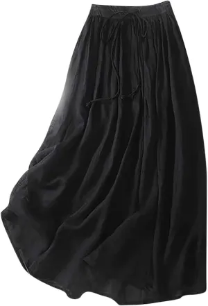Summer Skirts for Women 2024 Drawstring Elastic Waist Solid Maxi Skirt Dress Causal Ruffle Cotton Linen a-Line Skirt