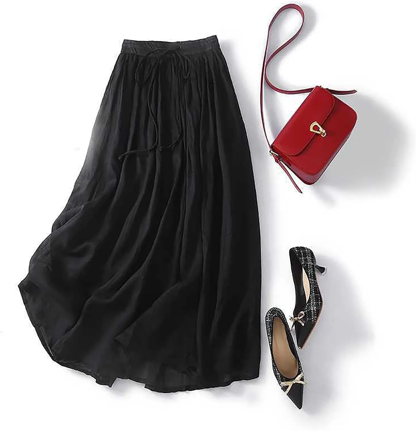 Summer Skirts for Women 2024 Drawstring Elastic Waist Solid Maxi Skirt Dress Causal Ruffle Cotton Linen a-Line Skirt