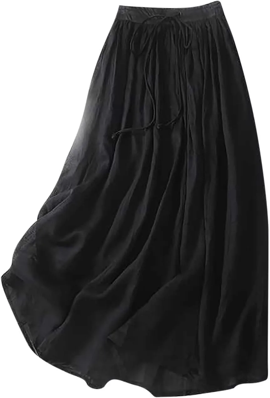 Summer Skirts for Women 2024 Drawstring Elastic Waist Solid Maxi Skirt Dress Causal Ruffle Cotton Linen a-Line Skirt