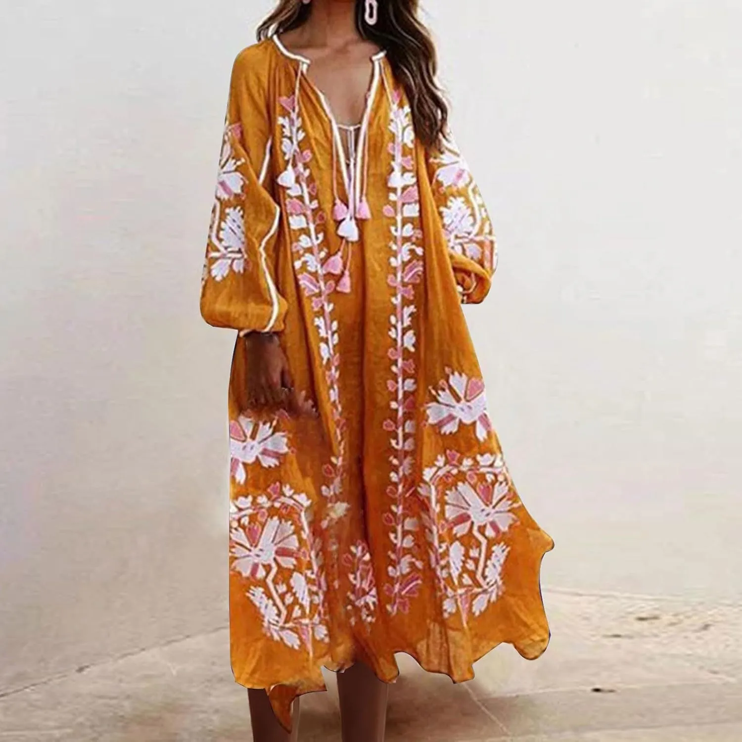 TANGNADE Women Boho Maxi Dresses V Neck Long Puff Sleeve Ruffle Casual Flowy Beach Vacation Flowy Long Dress