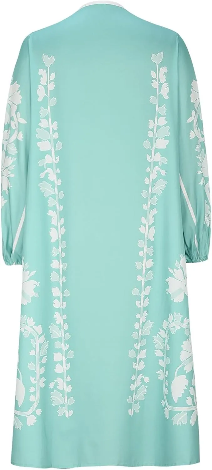 TANGNADE Women Boho Maxi Dresses V Neck Long Puff Sleeve Ruffle Casual Flowy Beach Vacation Flowy Long Dress