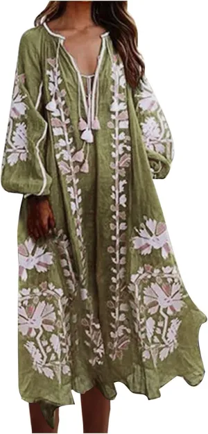 TANGNADE Women Boho Maxi Dresses V Neck Long Puff Sleeve Ruffle Casual Flowy Beach Vacation Flowy Long Dress