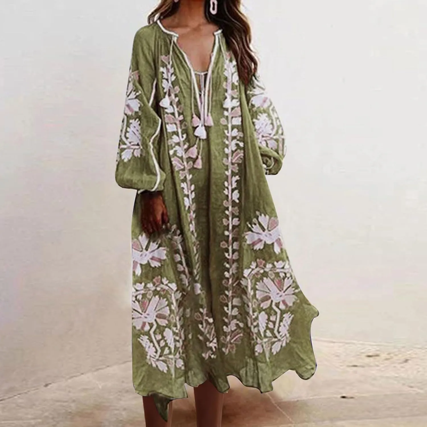 TANGNADE Women Boho Maxi Dresses V Neck Long Puff Sleeve Ruffle Casual Flowy Beach Vacation Flowy Long Dress