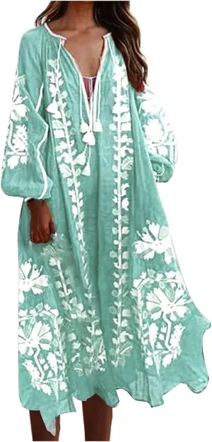 TANGNADE Women Boho Maxi Dresses V Neck Long Puff Sleeve Ruffle Casual Flowy Beach Vacation Flowy Long Dress
