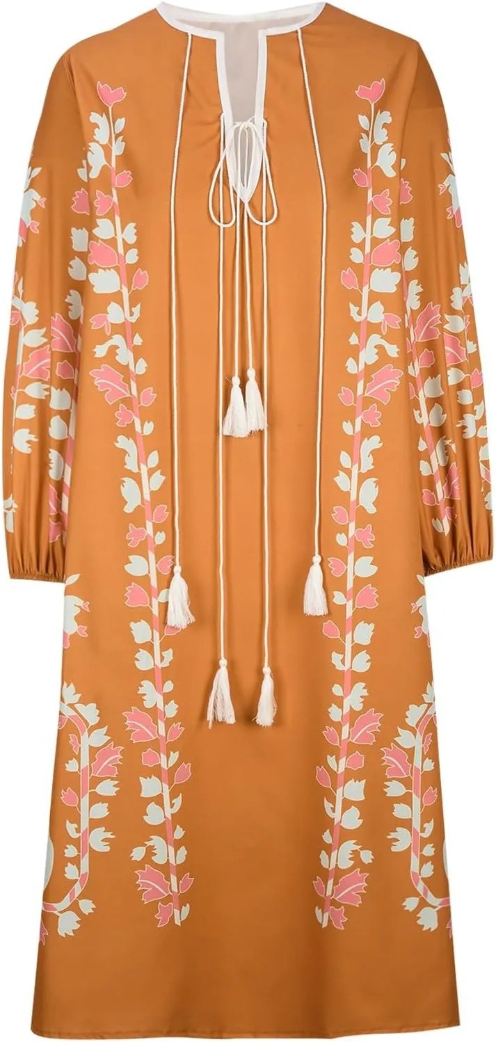 TANGNADE Women Boho Maxi Dresses V Neck Long Puff Sleeve Ruffle Casual Flowy Beach Vacation Flowy Long Dress