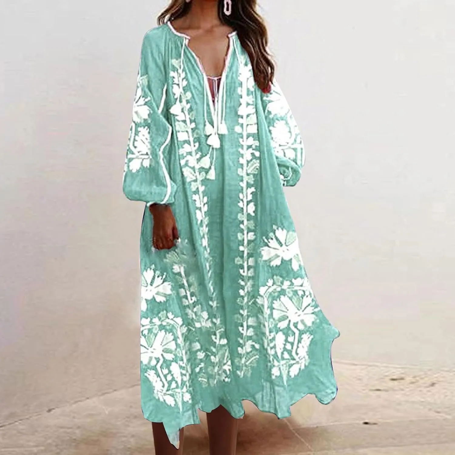 TANGNADE Women Boho Maxi Dresses V Neck Long Puff Sleeve Ruffle Casual Flowy Beach Vacation Flowy Long Dress