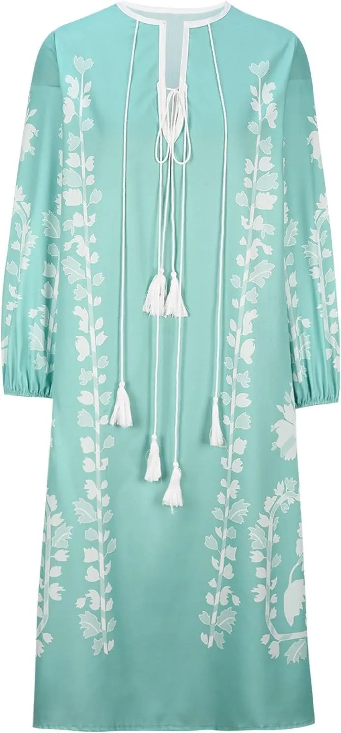 TANGNADE Women Boho Maxi Dresses V Neck Long Puff Sleeve Ruffle Casual Flowy Beach Vacation Flowy Long Dress