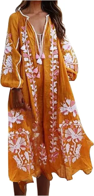 TANGNADE Women Boho Maxi Dresses V Neck Long Puff Sleeve Ruffle Casual Flowy Beach Vacation Flowy Long Dress