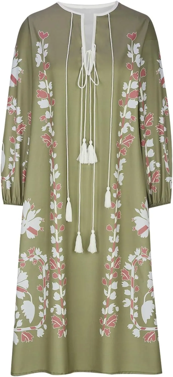 TANGNADE Women Boho Maxi Dresses V Neck Long Puff Sleeve Ruffle Casual Flowy Beach Vacation Flowy Long Dress