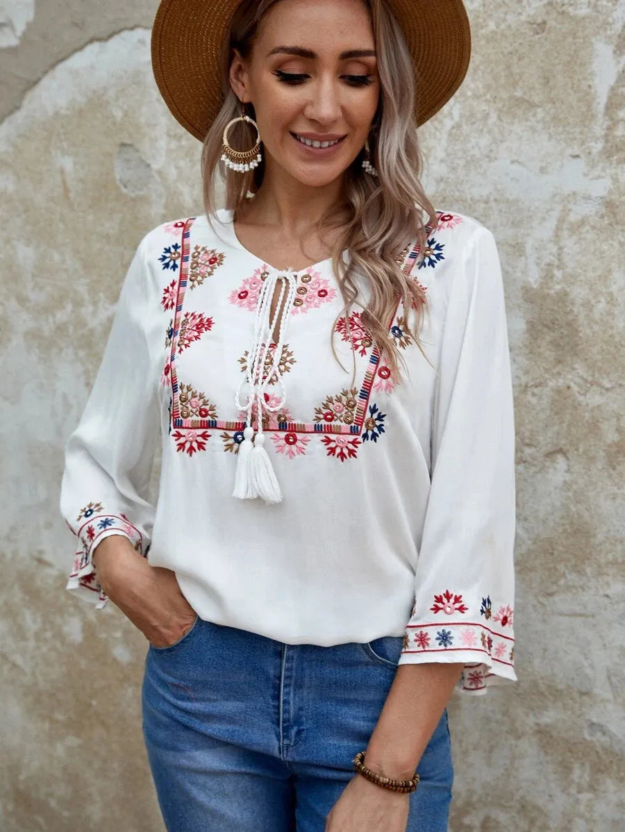 Tie Neck Floral Embroidery Top
