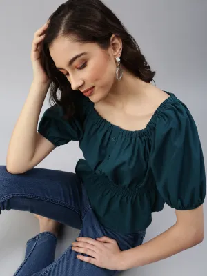 Women Green Crepe Cinched Waist Top