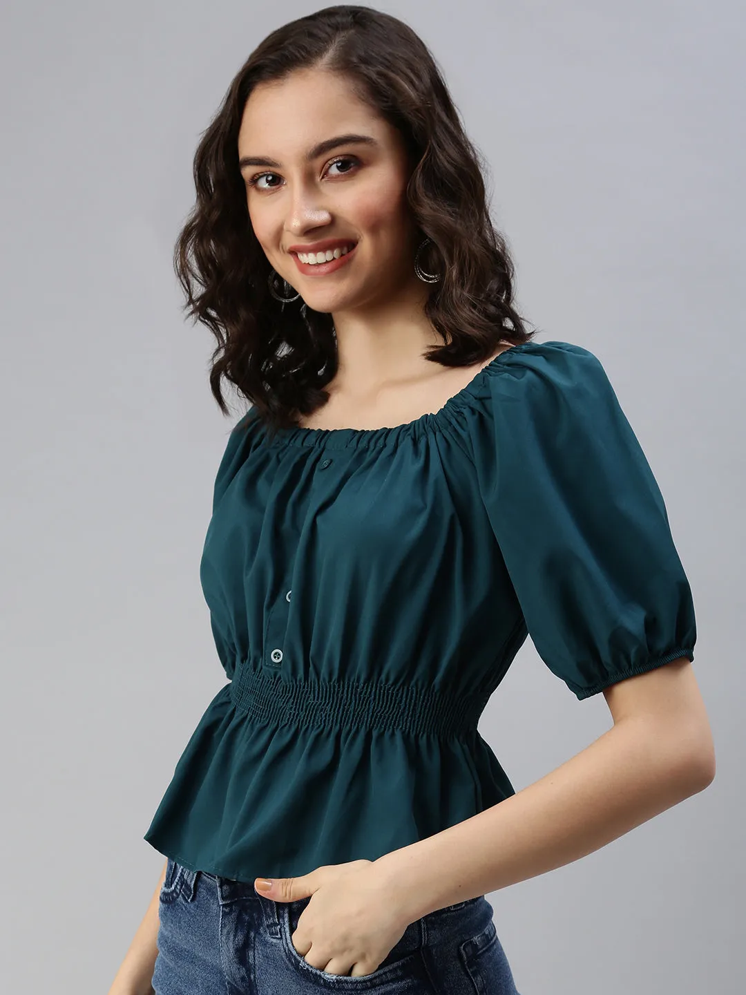 Women Green Crepe Cinched Waist Top
