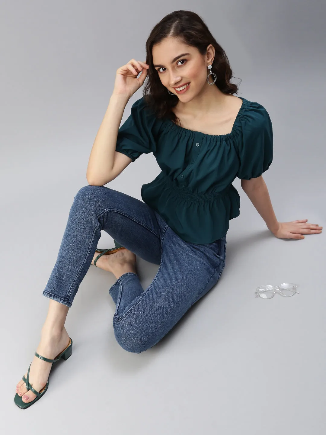 Women Green Crepe Cinched Waist Top