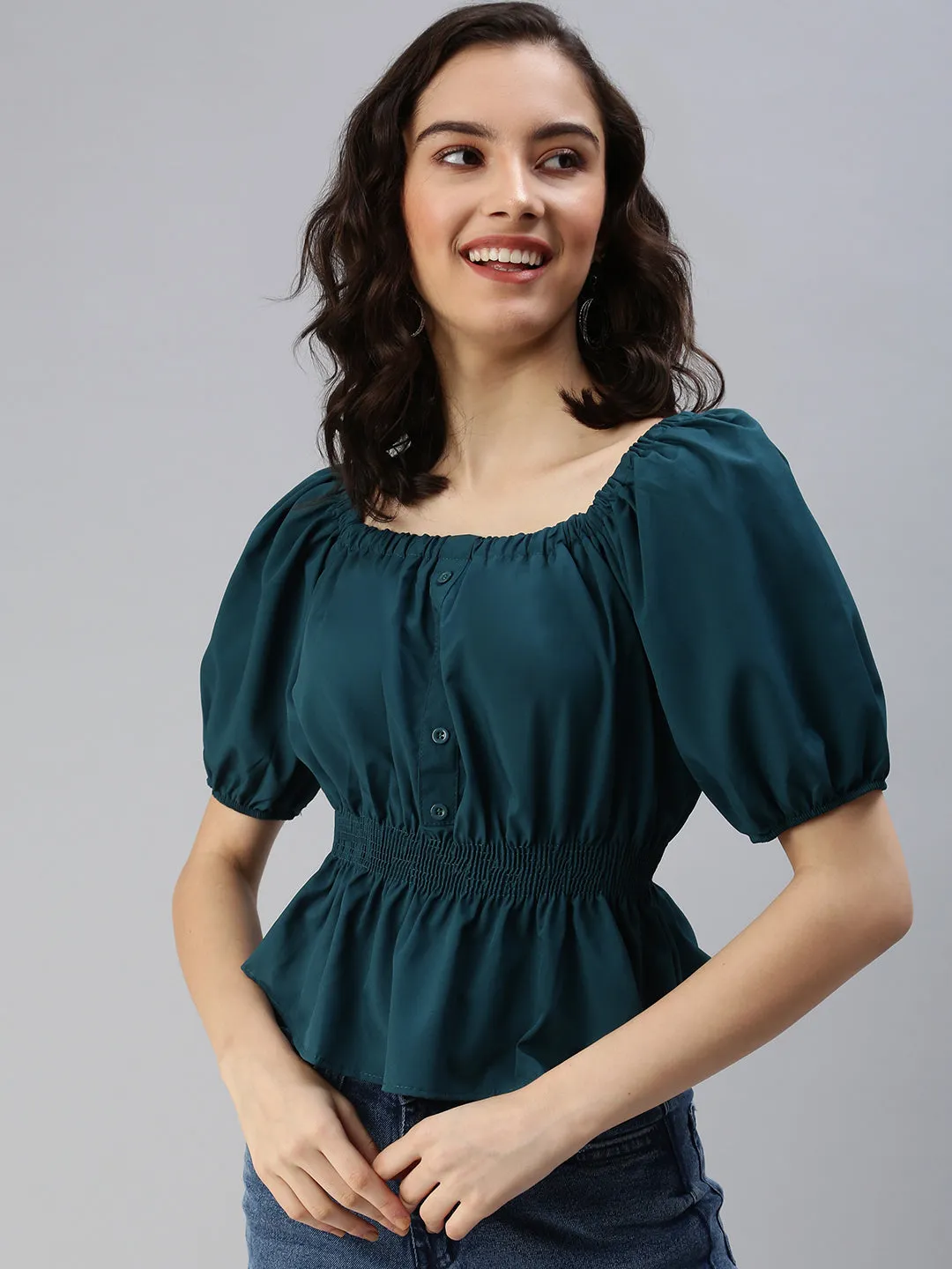 Women Green Crepe Cinched Waist Top