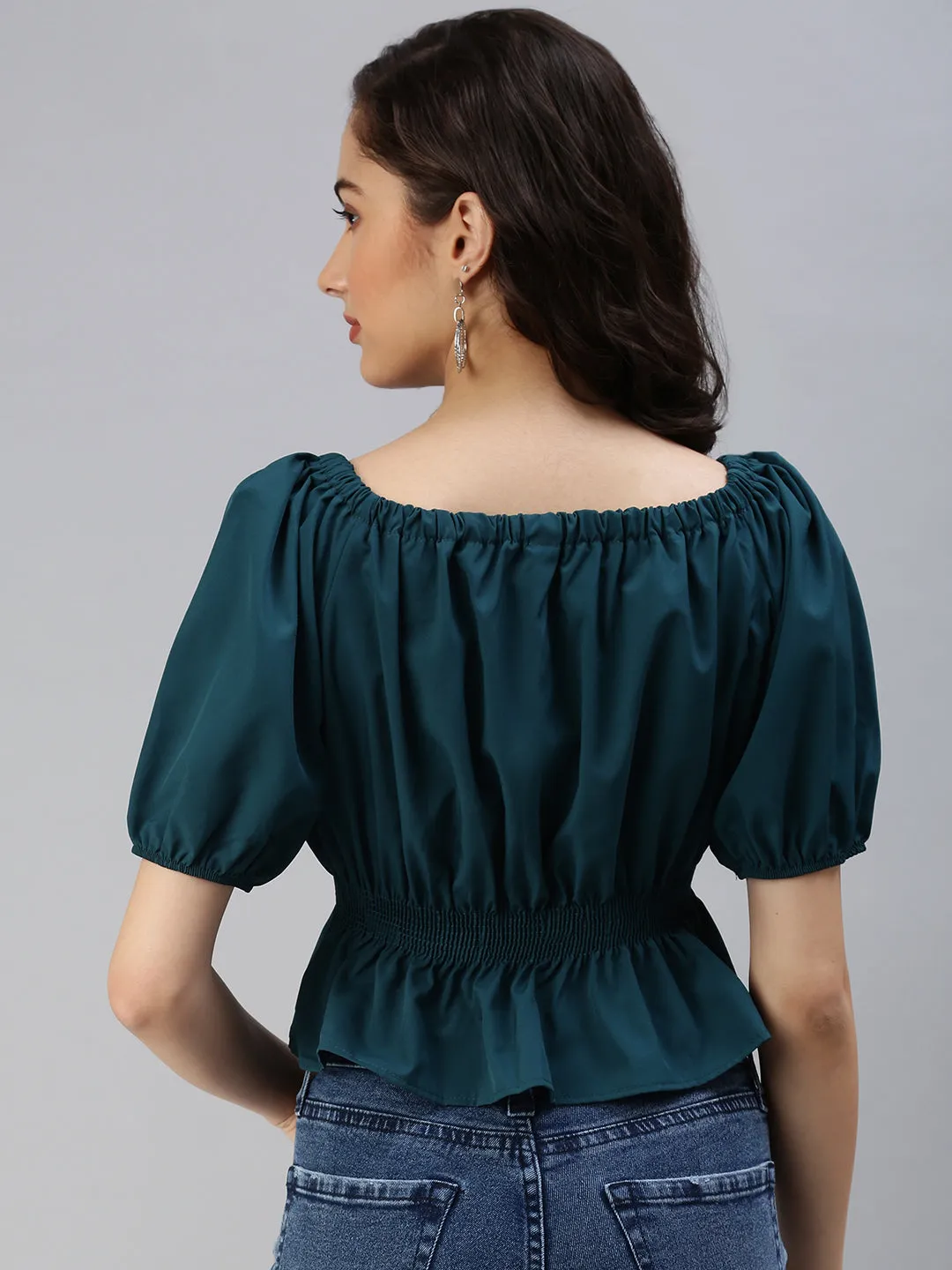 Women Green Crepe Cinched Waist Top